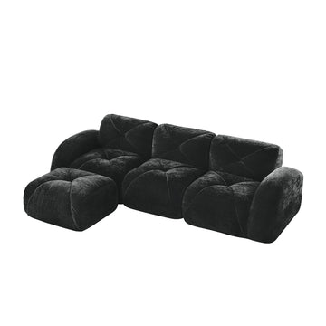 L Shaped Soft Velvet Boneless Sofa with Tufted Design Movable Ottoman 32D High Density Sponge Ergonomic Anti Slip Design No Assembly Required for Living Room Black