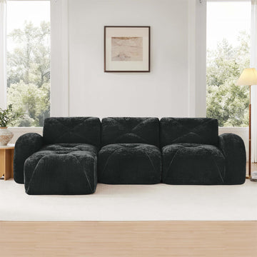 L Shaped Soft Velvet Boneless Sofa with Tufted Design Movable Ottoman 32D High Density Sponge Ergonomic Anti Slip Design No Assembly Required for Living Room Black