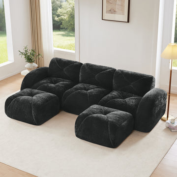 U Shaped Boneless Sofa with Tufted Design 32D High Density Sponge Bottom Anti Slip Free Combination Movable Ottomans for Study And Home Theater Black