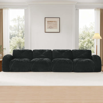 140 in Soft Velvet Fabric Boneless Sofa With Tufted 32D High Density Sponge Ergonomic Anti Slip Bottom No Assembly Required for Living Rooms Home Theater Black