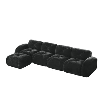 L Shaped Soft Velvet Fabric Tufted Design Sofa 32D High Density Sponge Ergonomic Anti Slip Bottom Free Combination Movable Ottoman No Assembly Required for Living Rooms Black