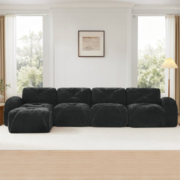 L Shaped Soft Velvet Fabric Tufted Design Sofa 32D High Density Sponge Ergonomic Anti Slip Bottom Free Combination Movable Ottoman No Assembly Required for Living Rooms Black