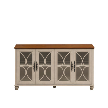 Elegant European Antique Style 4-Door Cabinet with Tempered Glass Doors,for Dining Room,Living Room,Hallway,Easy Assembly,Beige