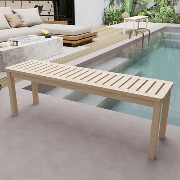 Modern Wooden Outdoor Bench with Slatted Seat Natural Wood Finish and Backless Design for Patio and Garden