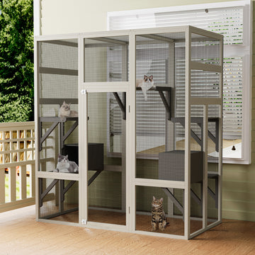 Multi Level Indoor Catio with Light Gray Frame Black Reinforced Supports Double Compartment and Metal Mesh