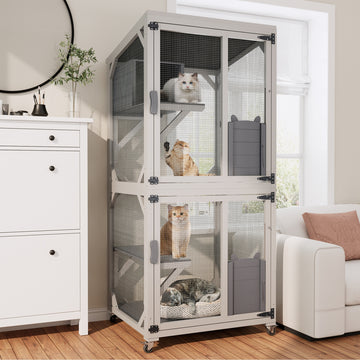 2 Tier Mobile Indoor Catio with Light Gray Metal Frame Built In Wheels and Cat Ear Shaped Doors