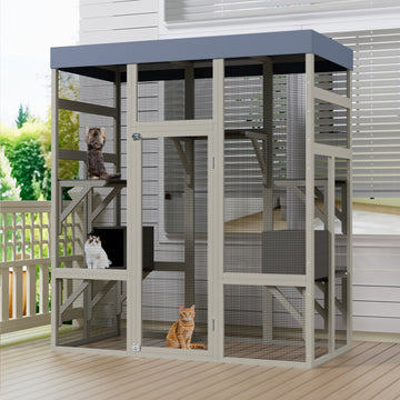 Large 3 Compartment Outdoor Catio with Light Gray Metal Frame Wood Hideaways and Waterproof Roof
