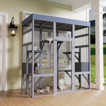 Multi Level Outdoor Catio with Dark Gray Metal Frame Wood Platforms Waterproof Roof and Large Double Doors