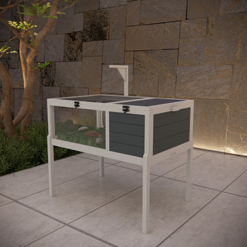 Elevated Reptile Enclosure with White and Gray Design Glass Viewing Area and Lockable Mesh Top