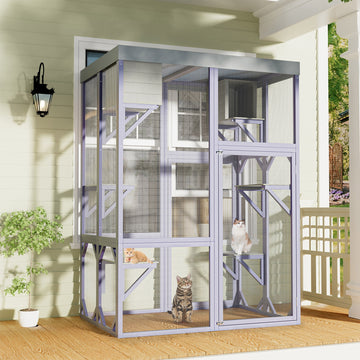 Modern Outdoor Catio with Purple All Metal Frame Multi Level Platforms and Waterproof Fabric Roof
