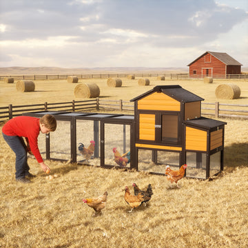 Extra Large 2 Tier Chicken Coop with Wire Mesh Run Asphalt Roof and 7 Easy Access Doors for Backyard Poultry