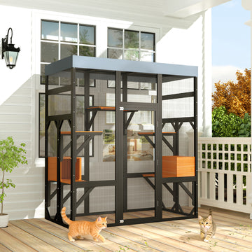 Multi Level Outdoor Catio with Black Metal Mesh Wood Platforms Waterproof Roof and Double Door Access