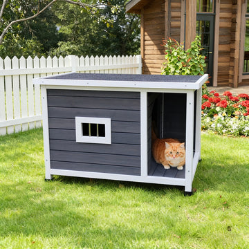 Modern Wooden Cat House with Viewing Window Open Porch and Weatherproof Solid Wood Construction