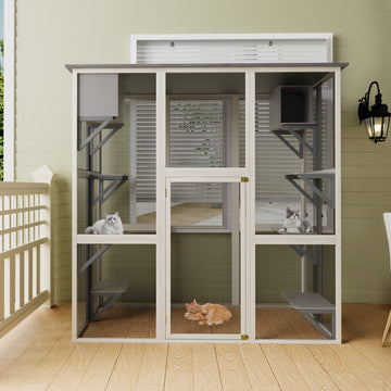 Versatile Catio with Light Gray Frame Black Reinforced Supports Double Compartment and Multi Level Structure