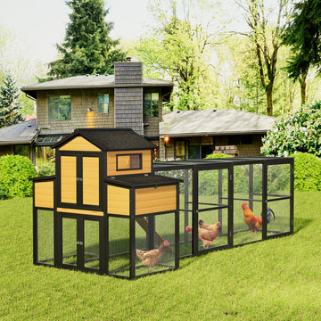 Large 2 Tier Wooden Chicken Coop with Wire Mesh Run Asphalt Roof and Multi Door Design for Backyard Poultry