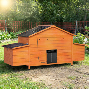 Farmhouse Wooden Chicken Coop with Automatic Door Asphalt Roof and Dual Nesting Boxes for Backyard Poultry
