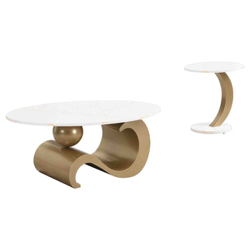 Modern Golden Nesting Coffee Table Set of 2 Oval and Round Tables for Living Room