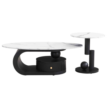 Modern Nesting Coffee Table Set of 2 Oval and Round Tables for Living Room White and Black