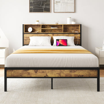 Full Bed Frame with Charging Station Storage Headboard and Industrial Retro Style