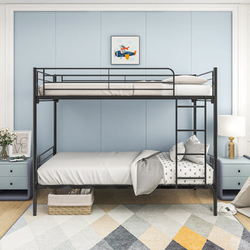 Twin Over Twin Metal Bunk Bed with Full Guardrails and 36 Inch High Bottom