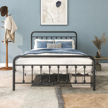 Queen Size Metal Platform Bed Frame with Victorian Style and Noise Free Design