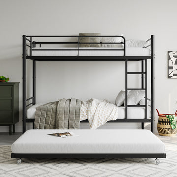 Twin Over Twin Metal Bunk Bed with Pull Out Trundle and Full Length Guardrails