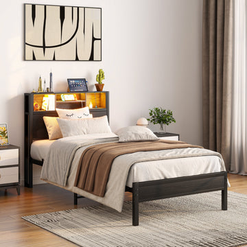 Twin Size Loft Bed with RGB LED Lights Storage Headboard and Charging Station