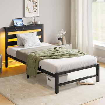 Twin Size Platform Bed Frame with USB Charging Station and Smart RGB LED Lights