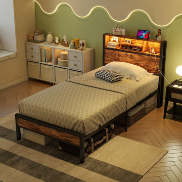Twin Size Loft Bed with RGB LED Lights Storage Headboard and Charging Station