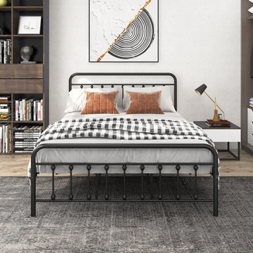 Queen Size Metal Platform Bed Frame with Victorian Style and Sturdy Slat Support