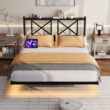 Queen Size Low Profile Platform Bed with Floating Design and RGB LED Lights