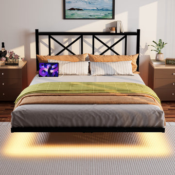 Queen Size Low Profile Platform Bed with Floating Design and Charging Station