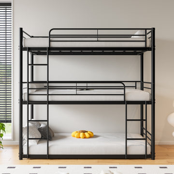Triple Twin Bunk Beds Heavy Duty Metal with Full Length Guardrails and Two Ladders
