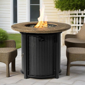 Outdoor Round Propane Fire Pit Table with Faux Wood Top
