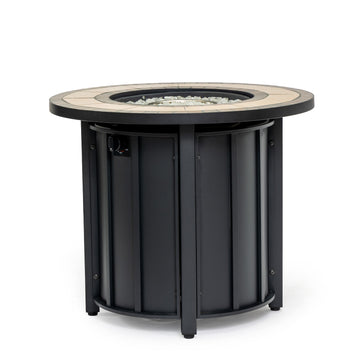 30 Inch Outdoor Propane Fire Pit Table with Mosaic Ceramic Top and Steel Lid