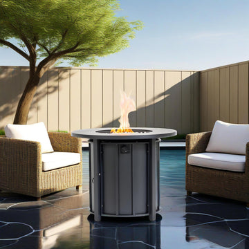 30 Inch Propane Fire Pit Table with Wood Grain Ceramic Top and Steel Frame