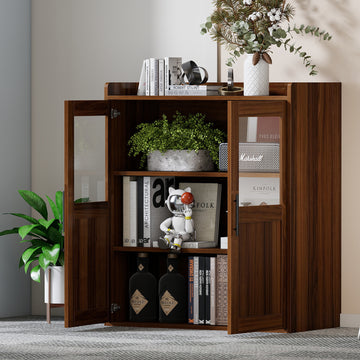 Modern Minimalist Double-Door Side Cabinet with Glass Panels Small-Sized Storage Cabinet for Living Room Dining Room Study