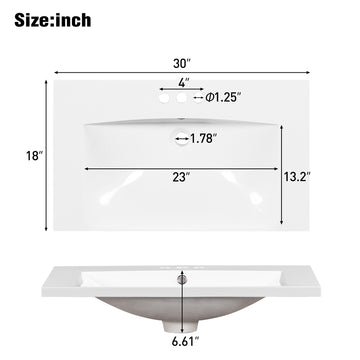30 Inch Bathroom Vanity Resin Sink Top Three Hole White