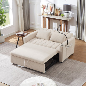 Begie 55.9 in Convertible Sofa Bed with Three USB Ports and Two Side Pockets Loveseat Sofa with Two Cup Holders and Swivel Phone Holder for Living Room