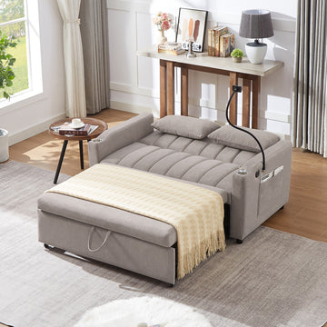 Light Gray 55.9 in Convertible Sofa Bed with Three USB Ports and Two Side Pockets Loveseat Sofa with Two Cup Holders and Swivel Phone Holder for Living Room