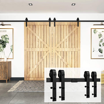 9 ft./108 in. Black Steel Sliding Barn Door Track and Hardware Kit for Double Doors with Floor Guide