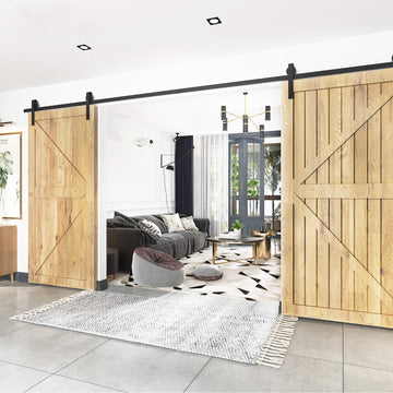 9 ft./108 in. Black Steel Sliding Barn Door Track and Hardware Kit for Double Doors with Floor Guide