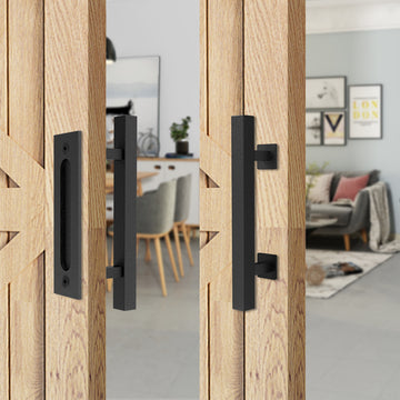 12 in. Black Square Pull and Flush Sliding Barn Door Handle Set
