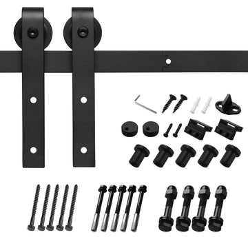 9 ft./108 in. Black Bent Strap Sliding Barn Door Track and Hardware Kit for Single Door with Floor Guide