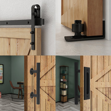 6.6 ft./79 in. Black Steel Strap Sliding Barn Door Track and Hardware Kit with 12 in. Cylinder Handle and Floor Guide