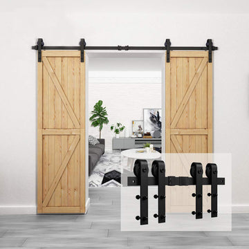 8 ft./96 in. Black Steel Sliding Barn Door Track and Hardware Kit for Double Doors with Floor Guides (J-Shape Hanger)