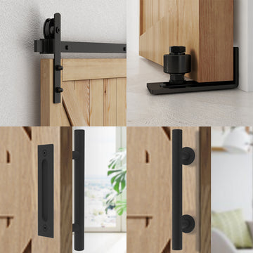 6 ft./72 in. Black Steel Strap Sliding Barn Door Track and Hardware Kit with 12 in. Cylinder Handle and Floor Guide