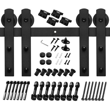 12 ft./144 in. Black Steel Straight Strap Sliding Barn Door Track and Hardware Kit for Double Doors with Floor Guide