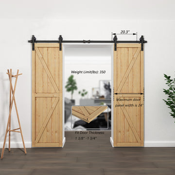 8 ft./96 in. Black Steel Straight Strap Sliding Barn Door Track and Hardware Kit for Double Doors with Floor Guide