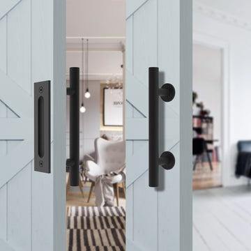 12 in. Black Ladder Pull and Flush Sliding Barn Door Handle Set (2-Pack)
